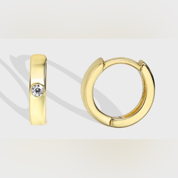 Adina Eden 14k Gold Plated Huggie Hoop Earrings with Single Bezel Set CZ Stone - Picture 3 of 7